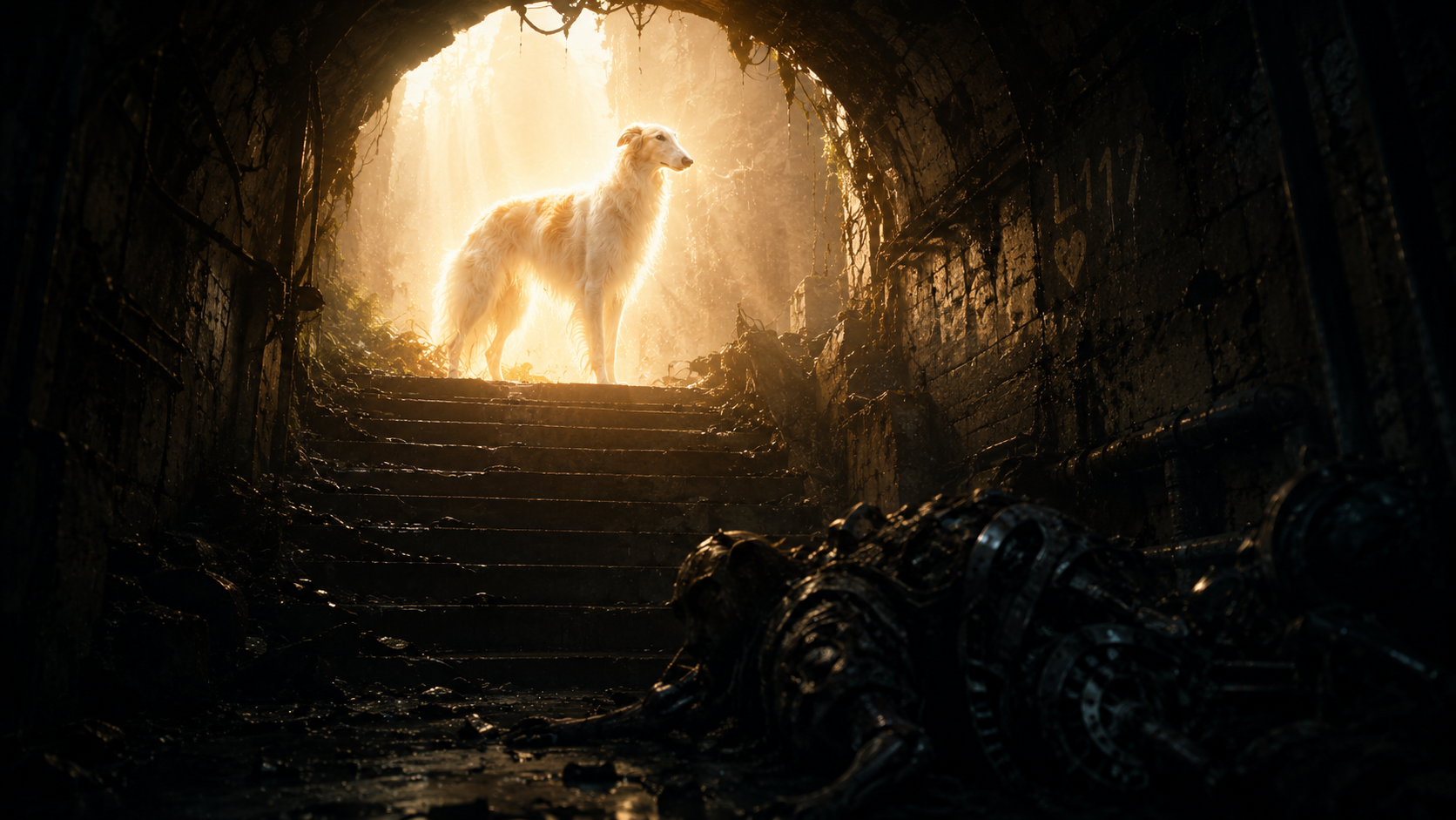 Limbothy standing in the light at the top of the stairs