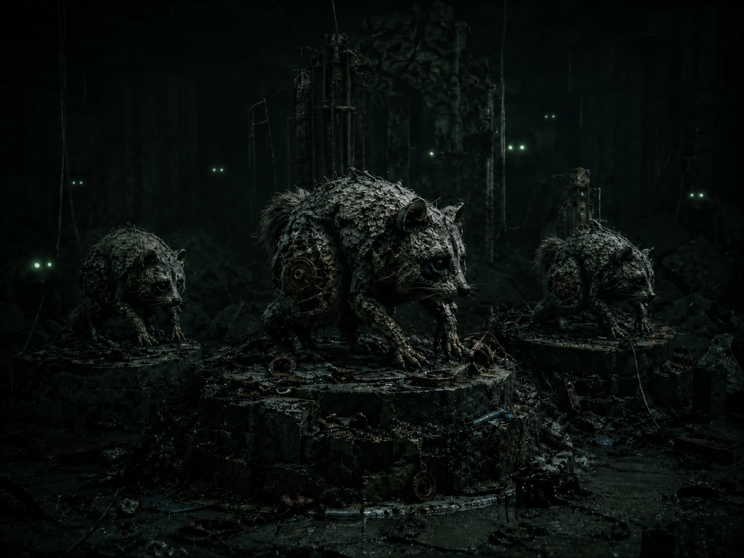 Shrines built from shopping carts, hubcaps, and broken concrete
